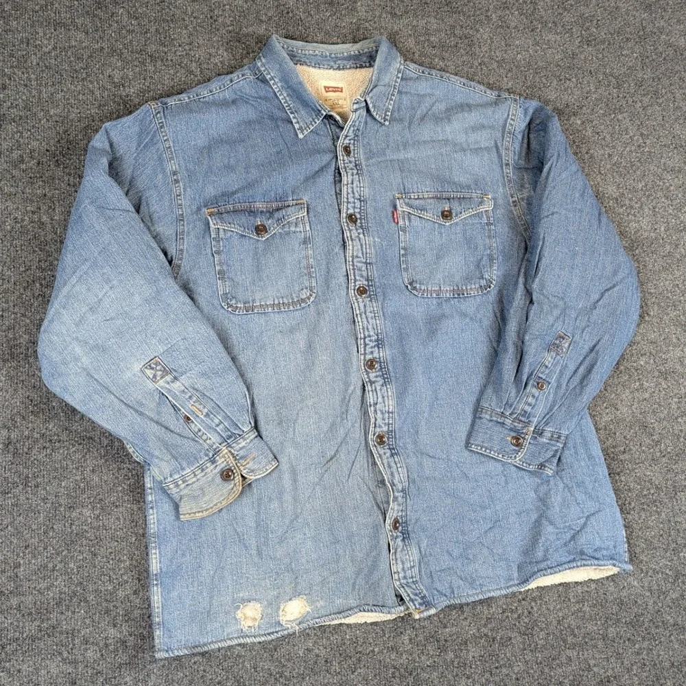 Levis Mens XXL Blue Denim Sherpa Lined Button Down Shirt Thrashed Distressed